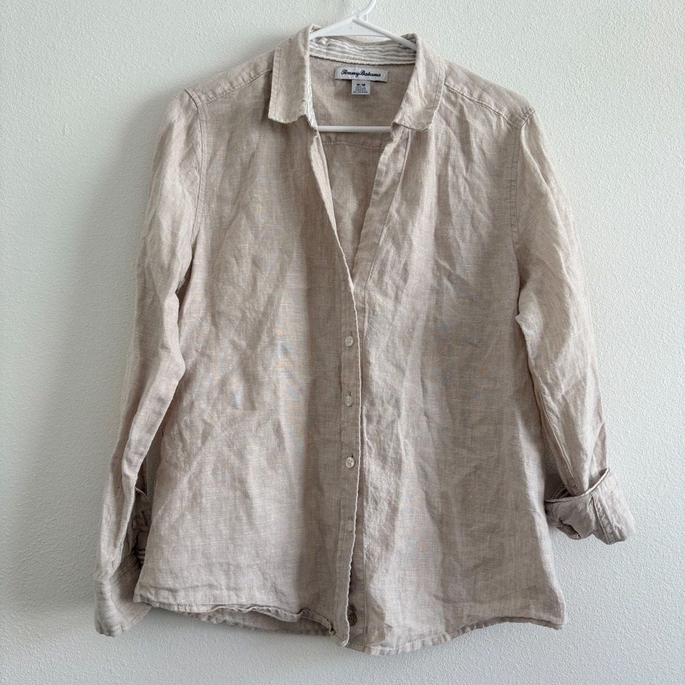 Tommy Bahama Linen Top Women M Beige Button Down Coastal Chic Resort Classic